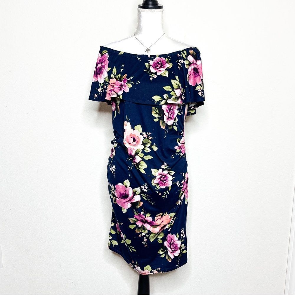 Hello Miz Women Floral Off-Shoulder Maternity Dress Navy Blue/Pink Blooms Size L